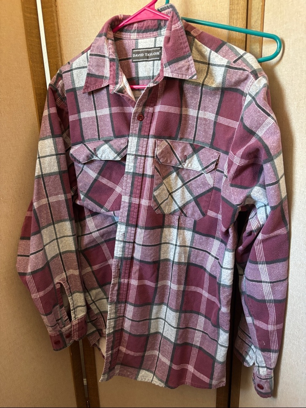 David Taylor Maroon and Light Gray Plaid Shirt Jacket Flannel Large